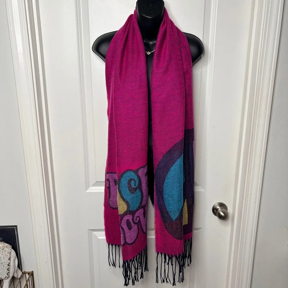 Peace Love Bright Magenta Graphic Scarf Recycled Polyester Fringe Wrap Pashmina